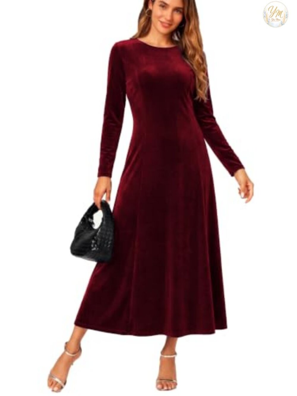 Women's Elegant Velvet Midi Dress Scoop Neck Long Sleeve Ruched